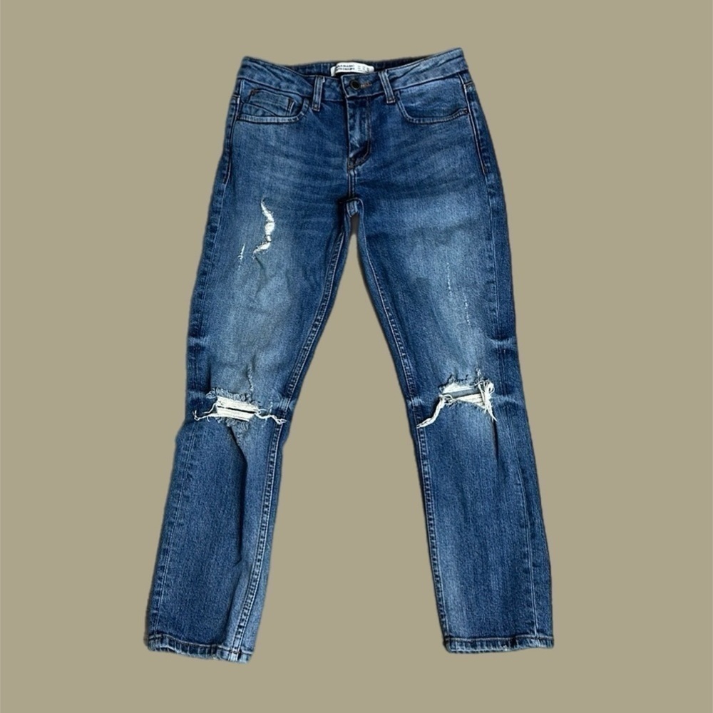 Zara Basic Z1975 Denim Women’s Mid-Rise Distressed Crop Straight Leg Jeans Sz 2